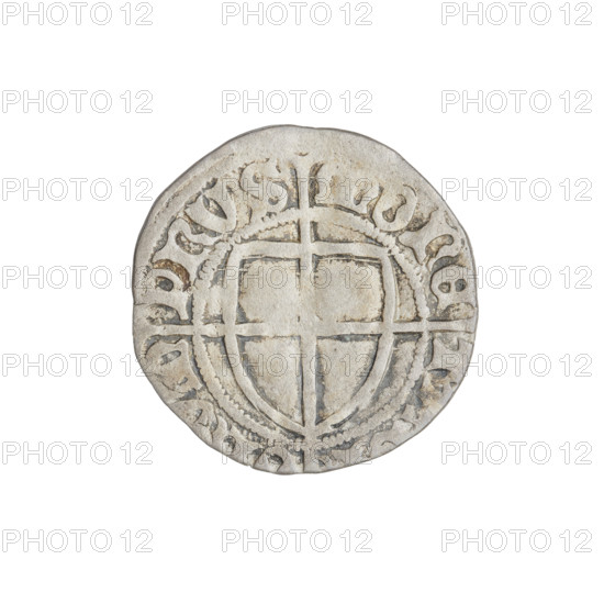Teutonic szelag, Pawel von Russdorf (Grand Master; 1422–1441). Obverse: monastic shield of the Grand Master with a cross whose elongated, widening arms divide the rim legend and reach the outer rim; rim between pearly borders contains an inscription. Reverse: monastic shield with a cross with elongated arms dividing the rim legend and reaching the outer rim; rim between pearl borders contains an inscription. Date: 1422–1441. Issuer: State of the Teutonic Order (1226–1525), Gdansk. Coin: diameter 19.7 mm, weight 1.55 g, axis 180°.