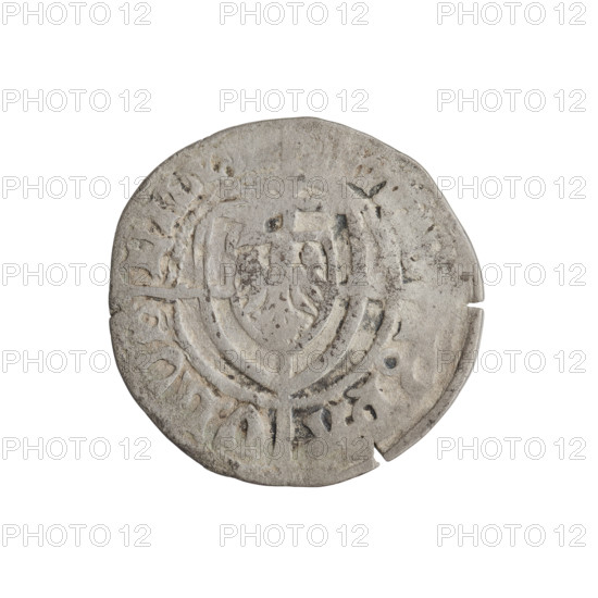 Teutonic szelag, Paul von Russdorf (Grand Master; 1422–1441). Obverse: monastic shield of the Grand Master with a cross whose elongated, widening arms divide the rim legend and reach the outer rim; on the rim, between the pearly borders, an inscription. Reverse: monastic shield with a cross with elongated arms dividing the rim legend and reaching the outer rim; in the rim between the pearl borders an inscription. Date: 1425–1441. State of the Teutonic Order (1226–1525), Torun. Coin, diameter 21.5 mm, weight 1.50 g, axis 260°.
