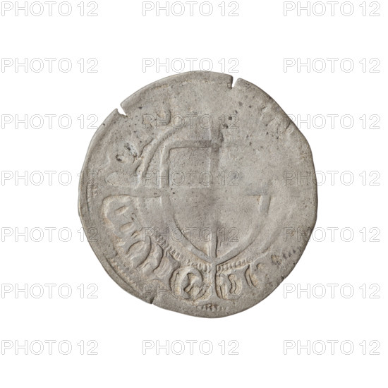 Teutonic szelag, Paul von Russdorf (Grand Master; 1422–1441). Obverse: monastic shield of the Grand Master with a cross whose elongated, widening arms divide the rim legend and reach the outer rim; on the rim between the pearly borders an inscription. Reverse: monastic shield with a cross with elongated arms dividing the rim legend and reaching the outer rim; in the rim between the pearl borders an inscription. Date: 1425–1441. Issuer: State of the Teutonic Order (1226–1525), Torun. Coin; diameter 21.5 mm; weight 1.50 g; axis 260°.