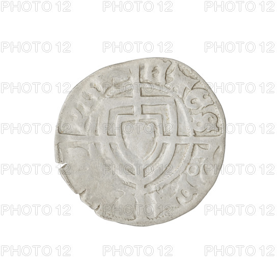 Teutonic szelag, Paul von Russdorf (Grand Master; 1422–1441). Obverse: monastic shield of the Grand Master with a cross whose elongated, widening arms divide the rim legend and reach the outer rim; rim between pearly borders bears an inscription. Reverse: monastic shield with a cross with elongated arms dividing the rim legend and reaching the outer rim; rim between pearl borders bears inscription. Date: 1425–1441. State of the Teutonic Order (1226–1525), Torun. Coin, diameter 20.8 mm, weight 1.66 g, axis 0°.