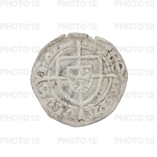 Teutonic szelag, Pawel von Russdorf (Grand Master; 1422–1441). Obverse: monastic shield of the Grand Master with a cross whose elongated, widening arms divide the rim legend and reach the outer rim; on the rim between pearly borders an inscription. Reverse: monastic shield with a cross with elongated arms dividing the rim legend and reaching the outer rim; in the rim between pearl borders an inscription, 1422–1441. Teutonic Knights (Order). State of the Teutonic Order (1226–1525). Gdansk. Coin; diameter 20.8 mm, weight 1.64 g, axis 150°.