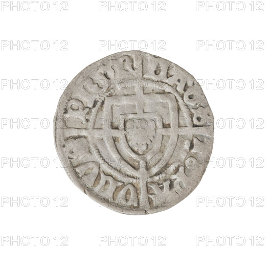 Teutonic szelag, Paul von Russdorf (Grand Master; 1422–1441). Obverse: monastic shield of the Grand Master with a cross whose elongated, widening arms divide the rim legend and reach the outer rim; a dot above the upper right field of the shield; inscription in the rim between pearly borders. Reverse: monastic shield with a cross with elongated arms dividing the rim legend and reaching the outer rim; a dot above the upper right field of the shield; inscription in the rim between pearl borders. Date: 1425–1441. Issuer: State of the Teutonic Order (1226–1525). Mint: Torun. Coin type: szelag; diameter 20.5 mm; weight 1.44 g; axis 280°.