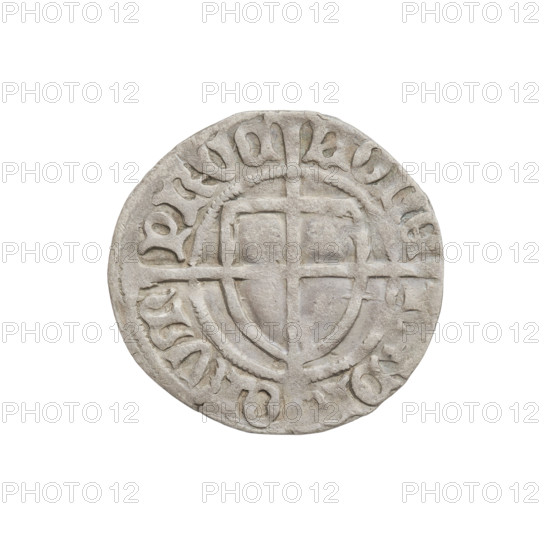 Teutonic szelag, Paul von Russdorf (Grand Master; 1422–1441). Obverse: monastic shield of the Grand Master with a cross whose elongated, widening arms divide the rim legend and reach the outer rim; a dot above the upper right field of the shield; rim inscription between pearly borders. Reverse: monastic shield with a cross with elongated arms dividing the rim legend and reaching the outer rim; a dot above the upper right field of the shield; rim inscription between pearl borders. Date: 1425–1441. State of the Teutonic Order (1226–1525). Torun. Coin; diameter 20.5 mm; weight 1.44 g; axis 280°.