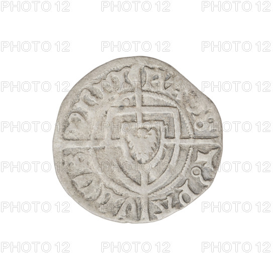 Teutonic szelag, Paul von Russdorf (Grand Master; 1422–1441). Obverse: Monastic shield of the Grand Master with a cross whose elongated, widening arms divide the rim legend and reach the outer rim; a dot above the upper right field of the shield; inscription in the rim between pearly borders. Reverse: Monastic shield with a cross with elongated arms dividing the rim legend and reaching the outer rim; a dot above the upper right field of the shield; inscription in the rim between pearl borders. Iconography: cross with elongated arms; Teutonic shield; dot above the shield; monastic shield of the Grand Master; Teutonic Knights (order). Date: 1425–1441. State of the Teutonic Order (1226–1525). Torun. Coin: diameter 21 mm, weight 1.66 g, axis 45 degrees.