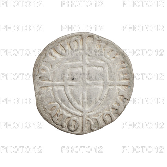 Teutonic szelag, Paul von Russdorf (Grand Master; 1422–1441). Obverse: monastic shield of the Grand Master with a cross whose elongated, widening arms divide the rim legend and reach the outer rim; dot above the upper right field of the shield; inscription in the rim between pearly borders. Reverse: monastic shield with a cross with elongated arms dividing the rim legend and reaching the outer rim; dot above the upper right field of the shield; inscription in the rim between pearl borders. Iconography: cross with elongated arms, Teutonic shield, dot above the shield, monastic shield of the Grand Master, Teutonic Knights (order). Date: 1425–1441. Coin type: szelag (Torun). Diameter: 21 mm. Weight: 1.66 g. Axis: 45 degrees.