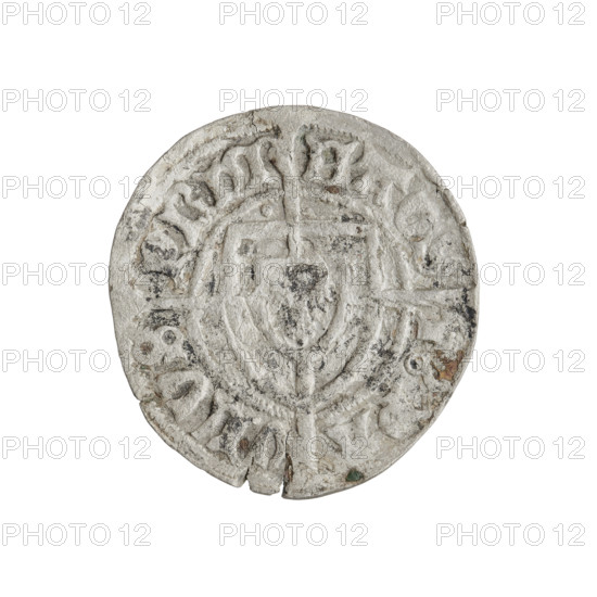 Teutonic szelag, Paul von Russdorf (Grand Master; 1422–1441). Obverse: monastic shield of the Grand Master with a cross whose elongated, widening arms divide the rim legend and reach the outer rim; a dot above the upper right field of the shield; rim inscription between pearly borders. Reverse: monastic shield with a cross with elongated arms dividing the rim legend and reaching the outer rim; a dot above the upper right field of the shield; rim inscription between pearl borders. Date: 1425–1441. State of the Teutonic Order (1226–1525). Torun. Coin; diameter 22 mm; weight 1.47 g; axis 315°.