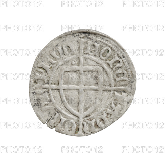 Teutonic szelag, Paul von Russdorf (Grand Master; 1422–1441). Obverse: monastic shield of the Grand Master with a cross whose elongated, widening arms divide the rim legend and reach the outer rim; dot above the upper right field of the shield; rim inscription between pearly borders. Reverse: monastic shield with a cross with elongated arms dividing the rim legend and reaching the outer rim; dot above the upper right field of the shield; rim inscription between pearl borders. Date: 1425–1441. State of the Teutonic Order (1226–1525). Torun. Coin; diameter 22 mm; weight 1.47 g; axis 315°.
