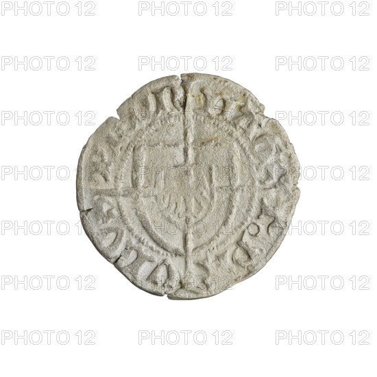 Teutonic szelag, Pawel von Russdorf (Grand Master; 1422–1441). Obverse: monastic shield of the Grand Master with a cross whose elongated, widening arms divide the rim legend and reach the outer rim; a dot above the upper right field of the shield; inscription on the rim between pearly borders. Reverse: Teutonic shield with a cross with elongated arms dividing the rim legend and reaching the outer rim; a dot above the upper right field of the shield; inscription on the rim between pearly rims. Dated 1425–1441. State of the Teutonic Order (1226–1525), Torun. Coin; diameter 20.1–20.3 mm; weight 1.29 g; axis 60°.