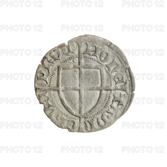 Teutonic szelag, Pawel von Russdorf (Grand Master; 1422–1441). Obverse: monastic shield of the Grand Master with a cross whose elongated, widening arms divide the rim legend and reach the outer rim; a dot above the upper right field of the shield; inscription on the rim between pearly borders. Reverse: Teutonic shield with a cross with elongated arms dividing the rim legend and reaching the outer rim; a dot above the upper right field of the shield; inscription on the rim between the pearly rims. Date: 1425–1441. State of the Teutonic Order (1226–1525), Torun. Coin; diameter 20.1–20.3 mm; weight 1.29 g; axis 60°.