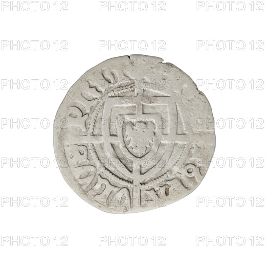Teutonic szelag, Paul von Russdorf (Grand Master; 1422–1441). Obverse: monastic shield of the Grand Master with a cross whose elongated, widening arms divide the rim legend and reach the outer rim; a dot above the upper right field of the shield; inscription in the rim between pearly borders. Reverse: monastic shield with a cross with elongated arms dividing the rim legend and reaching the outer rim; a dot above the upper right field of the shield; inscription in the rim between pearl borders. Date: 1425–1441. State of the Teutonic Order (1226–1525). Torun. Coin. Diameter 20.5 mm; weight 1.53 g; axis 45°.