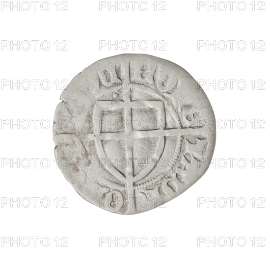 Teutonic szelag, Paul von Russdorf (Grand Master; 1422–1441). Obverse: monastic shield of the Grand Master with a cross whose elongated, widening arms divide the rim legend and reach the outer rim; a dot above the upper right field of the shield; rim inscription between pearly borders. Reverse: monastic shield with a cross with elongated arms dividing the rim legend and reaching the outer rim; a dot above the upper right field of the shield; rim inscription between pearl borders. Date: 1425–1441. State of the Teutonic Order (1226–1525). Torun. Coin. Diameter 20.5 mm; weight 1.53 g; axis 45°.