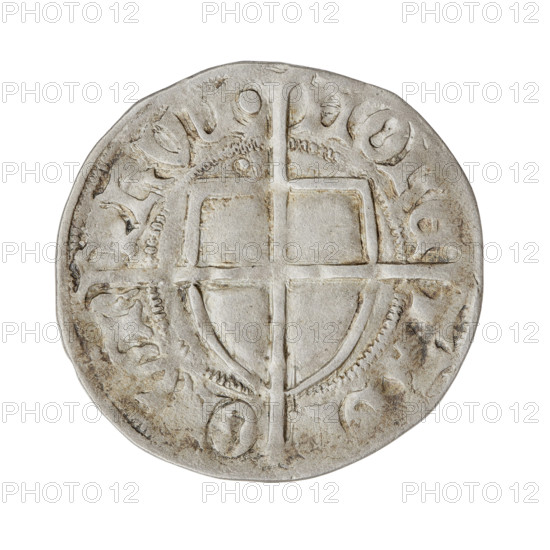 Teutonic szelag, Pawel von Russdorf (Grand Master; 1422–1441). Obverse: Monastic shield of the Grand Master with a cross whose elongated, widening arms divide the rim legend and reach the outer rim; a dot above the upper right field of the shield; inscription on the rim between pearly borders. Reverse: Monastic shield with a cross with elongated arms dividing the rim legend and reaching the outer rim; a dot above the upper right field of the shield; inscription on the rim between pearly rims. 1425–1441. State of the Teutonic Order (1226–1525), Torun. Coin; diameter 21.7 mm; weight 1.65 g; axis 90°.