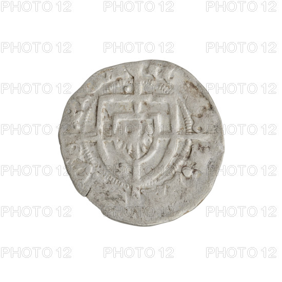 Teutonic szelag, Paul von Russdorf (Grand Master; 1422–1441). Obverse: Monastic shield of the Grand Master with a cross whose elongated, widening arms divide the rim legend and reach the outer rim; a dot above the upper right field of the shield; rim between pearly borders bears an inscription. Reverse: Monastic shield with a cross with elongated arms dividing the rim legend and reaching the outer rim; a dot above the upper right field of the shield; rim between pearl borders bears an inscription. Date: 1425–1441. State of the Teutonic Order (1226–1525). Torun. Coin; diameter 20 mm; weight 1.59 g; axis 45°.