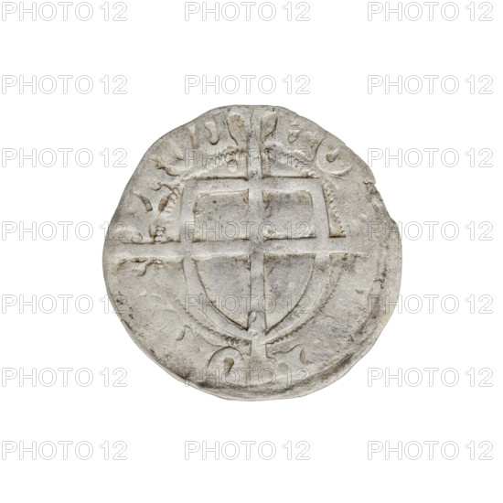 Teutonic szelag, Paul von Russdorf (Grand Master; 1422–1441). Obverse: Monastic shield of the Grand Master with a cross whose elongated, widening arms divide the rim legend and reach the outer rim; a dot above the upper right field of the shield; rim inscription between pearly borders. Reverse: Monastic shield with a cross with elongated arms dividing the rim legend and reaching the outer rim; a dot above the upper right field of the shield; rim inscription between pearl borders. Date: 1425–1441. State of the Teutonic Order (1226–1525). Torun. Coin; diameter 20 mm; weight 1.59 g; axis 45°.