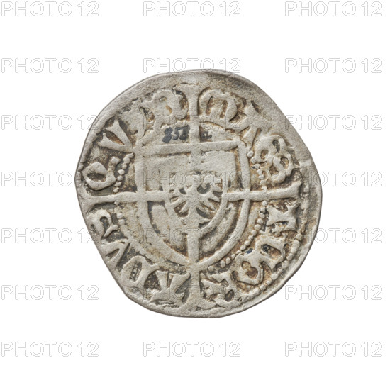 Teutonic szelag, Konrad von Erlichshausen (Grand Master; 1441–1449); obverse: monastic shield of the Grand Master with a cross whose elongated, widening arms divide the rim legend and reach the outer rim; rim between pearly borders bears an inscription; reverse: monastic shield with a cross with elongated arms dividing the rim legend and reaching the outer rim; rim between pearl borders bears an inscription; date 1441–1449; State of the Teutonic Order (1226–1525), Gdansk; coin; diameter 21.6–21.8 mm; weight 1.73 g; axis 290°.