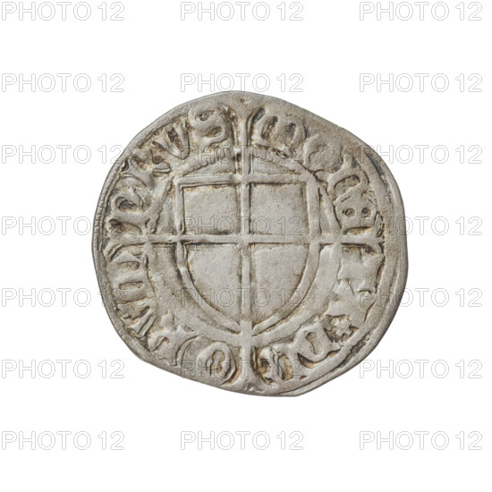 Teutonic szelag, Konrad von Erlichshausen (Grand Master; 1441–1449), cross with elongated arms, Teutonic shield, monastic shield of the Grand Master. Obverse: Monastic shield of the Grand Master with a cross whose elongated, widening arms divide the rim legend and reach the outer rim; on the rim between the pearly borders the inscription. Reverse: Monastic shield with a cross with elongated arms dividing the rim legend and reaching the outer rim; in the rim between the pearl borders there is an inscription. Date: 1441–1449. State of the Teutonic Order (1226–1525), Gdansk. Coin; diameter 21.6–21.8 mm, weight 1.73 g, axis 290°.