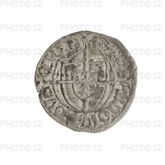 Teutonic szelag, Konrad von Erlichshausen (Grand Master; 1441–1449). Obverse: monastic shield of the Grand Master with a cross whose elongated, widening arms divide the rim legend and reach the outer rim; rim between pearly borders bears an inscription. Reverse: monastic shield with a cross with elongated arms dividing the rim legend and reaching the outer rim; rim between pearl borders bears an inscription, 1441–1449. State of the Teutonic Order (1226–1525). Gdansk coin. Diameter ~20.8–20.9 mm; weight 1.64 g; axis 170°.