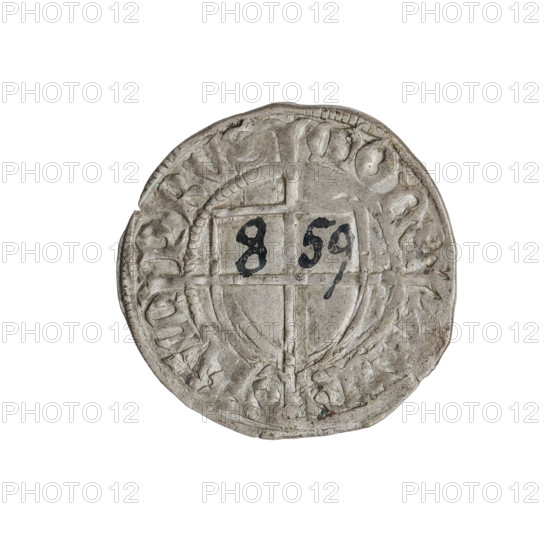 Teutonic szelag, Konrad von Erlichshausen (Grand Master; 1441–1449). Obverse: monastic shield of the Grand Master with a cross whose elongated, widening arms divide the rim legend and reach the outer rim; rim inscription between pearly borders. Reverse: monastic shield with a cross with elongated arms dividing the rim legend and reaching the outer rim; rim inscription between pearl borders, dated 1441–1449. Teutonic Knights (Order). Coin from Gdansk, diameter ~20.8–20.9 mm, weight 1.64 g, axis 170°.