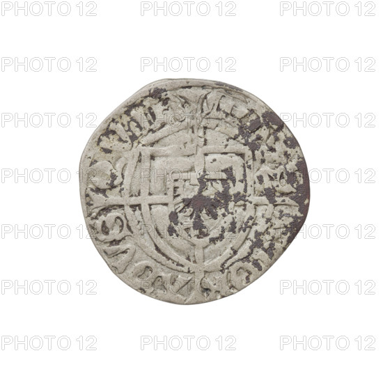Teutonic szelag, Konrad von Erlichshausen (Grand Master; 1441–1449). Obverse: monastic shield of the Grand Master with a cross whose elongated, widening arms divide the rim legend and reach the outer rim; on the rim, between pearly borders, an inscription. Reverse: monastic shield with a cross with elongated arms dividing the rim legend and reaching the outer rim; in the rim between the pearl borders an inscription. Date 1441–1449. State of the Teutonic Order (1226–1525). Gdansk. Coin, diameter 20.3 mm, weight 1.50 g, axis 315°.