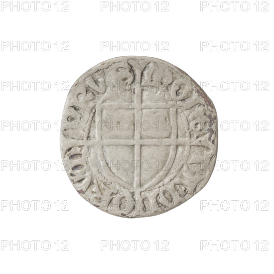 Teutonic szelag, Konrad von Erlichshausen (Grand Master; 1441–1449). Cross with elongated, widening arms (iconographic); monastic shield of the Grand Master (iconographic); Teutonic shield (iconographic); Teutonic Knights (order). Obverse: monastic shield of the Grand Master with a cross whose elongated, widening arms divide the rim legend and reach the outer rim; on the rim, between the pearly borders, an inscription. Reverse: monastic shield with a cross with elongated arms dividing the rim legend and reaching the outer rim; in the rim between the pearl borders an inscription, 1441–1449. State of the Teutonic Order (1226–1525). Coin (Gdansk), diameter 20.3 mm, weight 1.50 g, axis 315°.