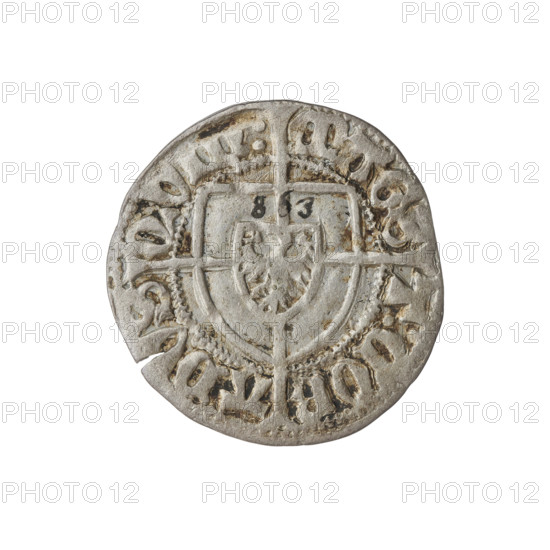 Teutonic szelag, Konrad von Erlichshausen (Grand Master; 1441–1449), cross with elongated arms, Teutonic shield, monastic shield of the Grand Master. Obv. Monastic shield of the Grand Master with a cross whose elongated, widening arms divide the rim legend and reach the outer rim; on the rim, between the pearly borders, the inscription. Rev. Monastic shield with a cross with elongated arms dividing the rim legend and reaching the outer rim; in the rim between the pearl borders there is an inscription. 1442–1449, State of the Teutonic Order (1226–1525), Torun; coin, diameter 21.3 mm, weight 1.39 g, axis 220°.