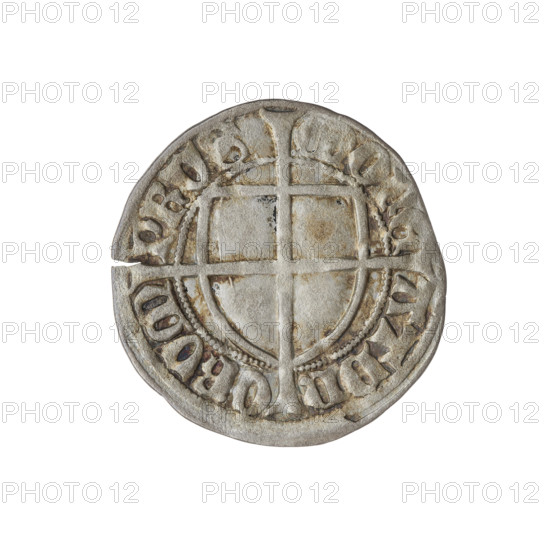 Teutonic szelag, Konrad von Erlichshausen (Grand Master; 1441–1449). Obverse: Monastic shield of the Grand Master with a cross whose elongated, widening arms divide the rim legend and reach the outer rim; in the rim between the pearly borders an inscription. Reverse: Monastic shield with a cross with elongated arms dividing the rim legend and reaching the outer rim; in the rim between the pearly borders an inscription. Date: 1442–1449. Issued by the State of the Teutonic Order (1226–1525), Torun. Coin; diameter 21.3 mm, weight 1.39 g, axis 220°.