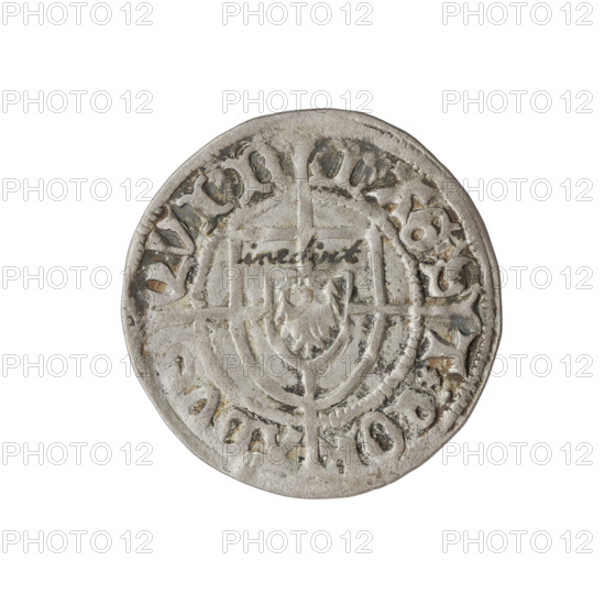 Teutonic szelag, Konrad von Erlichshausen (Grand Master; 1441–1449). Obverse: monastic shield of the Grand Master with a cross whose elongated, widening arms divide the rim legend and reach the outer rim; on the rim, between pearly borders, an inscription. Reverse: monastic shield with a cross with elongated arms dividing the rim legend and reaching the outer rim; in the rim between the pearl borders there is an inscription. Date: 1442–1449. Issuer: State of the Teutonic Order (1226–1525), Torun. Coin type: szelag; diameter 21.6 mm; weight 1.65 g; axis 45°.