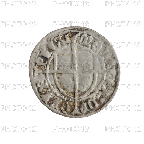 Teutonic szelag, Konrad von Erlichshausen (Grand Master; 1441–1449). Obverse: monastic shield of the Grand Master with a cross whose elongated, widening arms divide the rim legend and reach the outer rim; on the rim, between the pearly borders, an inscription. Reverse: monastic shield with a cross with elongated arms dividing the rim legend and reaching the outer rim; in the rim between the pearl borders an inscription. Date: 1442–1449. State of the Teutonic Order (1226–1525), Torun. Coin, diameter 21.6 mm, weight 1.65 g, axis 45°.