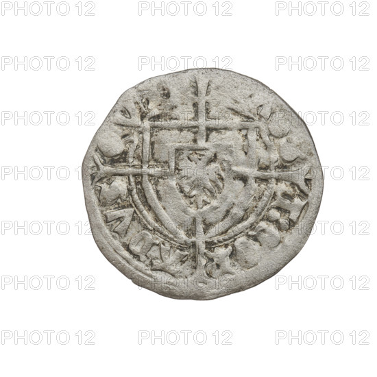 Teutonic szelag, Konrad von Erlichshausen (Grand Master; 1441–1449), cross with elongated arms, Teutonic shield, monastic shield of the Grand Master. Obv: Monastic shield of the Grand Master with a cross whose elongated, widening arms divide the rim legend and reach the outer rim; on the rim, between the pearly borders, inscription. Rev: Monastic shield with a cross with elongated arms dividing the rim legend and reaching the outer rim; in the rim between the pearl borders there is an inscription. 1442–1449. State of the Teutonic Order (1226–1525), Torun. Coin; diameter 21.5 mm; weight 1.42 g; axis 340°.