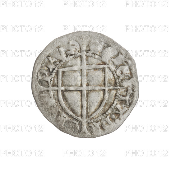 Teutonic szelag, Konrad von Erlichshausen (Grand Master; 1441–1449), cross with elongated arms, Teutonic shield, monastic shield of the Grand Master. Obverse: monastic shield of the Grand Master with a cross whose elongated, widening arms divide the rim legend and reach the outer rim; on the rim, between the pearly borders, the inscription. Reverse: monastic shield with a cross with elongated arms dividing the rim legend and reaching the outer rim; in the rim between the pearl borders there is an inscription. 1442–1449. State of the Teutonic Order (1226–1525), Torun. Coin; diameter 21.5 mm; weight 1.42 g; axis 340°.