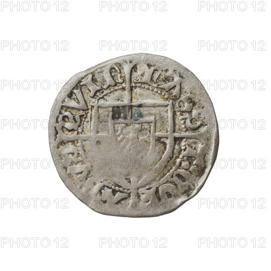 Teutonic szelag, Konrad von Erlichshausen (Grand Master; 1441–1449), cross with elongated arms, Teutonic shield, monastic shield of the Grand Master. Obverse: monastic shield of the Grand Master with a cross whose elongated, widening arms divide the rim legend and reach the outer rim; on the rim between the pearly borders an inscription. Reverse: monastic shield with a cross with elongated arms dividing the rim legend and reaching the outer rim; in the rim between the pearl borders an inscription. Date: 1442–1449. State of the Teutonic Order (1226–1525), Torun. Coin, diameter 21.2 mm, weight 1.66 g, axis 350°.