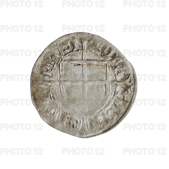 Teutonic szelag, Konrad von Erlichshausen (Grand Master; 1441–1449). Obverse: monastic shield of the Grand Master with a cross whose elongated, widening arms divide the rim legend and reach the outer rim; on the rim, between the pearly borders, an inscription. Reverse: monastic shield with a cross with elongated arms dividing the rim legend and reaching the outer rim; in the rim between the pearl borders there is an inscription. Date: 1442–1449. State of the Teutonic Order (1226–1525), Torun. Coin; diameter 21.2 mm; weight 1.66 g; axis 350°.