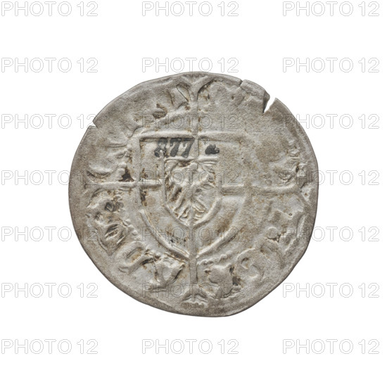 Teutonic szelag, Konrad von Erlichshausen (Grand Master; 1441–1449). Obverse: monastic shield of the Grand Master with a cross whose elongated, widening arms divide the rim legend and reach the outer rim; rim between pearly borders bears an inscription. Reverse: monastic shield with a cross with elongated arms dividing the rim legend and reaching the outer rim; rim between pearl borders bears inscription, 1442–1449. State of the Teutonic Order (1226–1525), Torun. Coin; diameter 21.8 mm, weight 1.44 g, axis 90°.