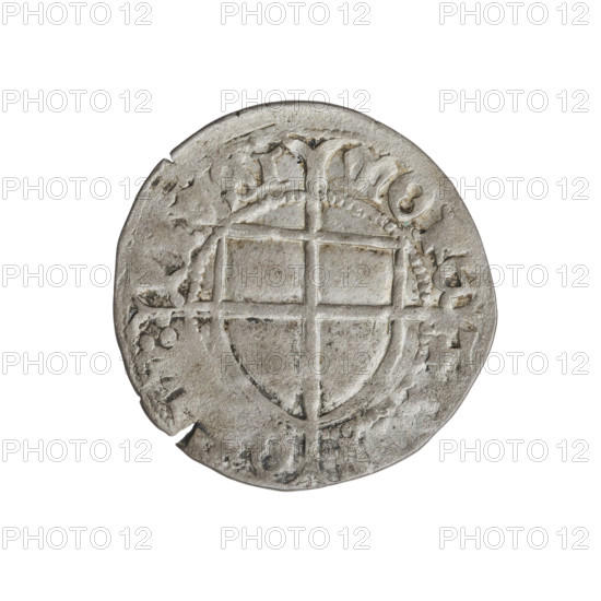 Teutonic szelag, Konrad von Erlichshausen (Grand Master; 1441–1449). Obverse: monastic shield of the Grand Master with a cross whose elongated, widening arms divide the rim legend and reach the outer rim; rim between pearly borders bears an inscription. Reverse: monastic shield with a cross with elongated arms dividing the rim legend and reaching the outer rim; rim between pearl borders bears inscription. Date: 1442–1449. Issuer: State of the Teutonic Order (1226–1525), Torun. Coin; diameter 21.8 mm, weight 1.44 g, axis 90°.