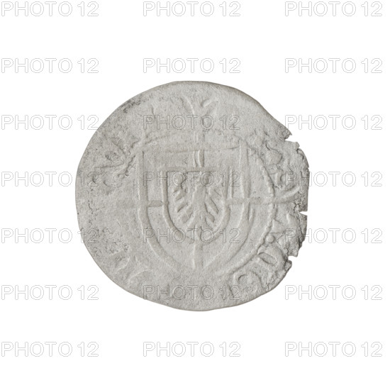 Teutonic szelag, Konrad von Erlichshausen (Grand Master; 1441–1449). Cross with elongated, widening arms (iconographic); Teutonic shield (iconographic); monastic shield of the Grand Master (iconographic); Teutonic Knights (order). Obverse: monastic shield of the Grand Master with a cross whose elongated, widening arms divide the rim legend and reach the outer rim; on the rim, between pearly borders, an inscription. Reverse: monastic shield with a cross with elongated arms dividing the rim legend and reaching the outer rim; on the rim between the pearly borders an inscription. Date: 1442–1449. Coin type: Torun szelag. Diameter 20.5 mm; weight 1.48 g; axis 90°.