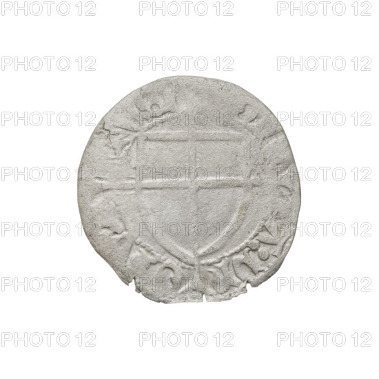Teutonic szelag, Konrad von Erlichshausen (Grand Master; 1441–1449). Obverse: monastic shield of the Grand Master with a cross whose elongated, widening arms divide the rim legend and reach the outer rim; rim between pearly borders bears an inscription. Reverse: monastic shield with a cross with elongated arms dividing the rim legend and reaching the outer rim; rim between pearl borders bears an inscription. Date: 1442–1449. State of the Teutonic Order (1226–1525). Torun. Coin; diameter 20.5 mm; weight 1.48 g; axis 90°.