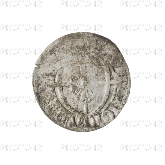 Teutonic szelag, Konrad von Erlichshausen (Grand Master; 1441–1449). Cross with elongated, widening arms (iconographic); Teutonic shield and monastic shield of the Grand Master (iconographic); Teutonic Knights (order). Obverse: monastic shield of the Grand Master with a cross whose elongated, widening arms divide the rim legend and reach the outer rim; rim between pearl borders bears an inscription. Reverse: monastic shield with a cross with elongated arms dividing the rim legend and reaching the outer rim; rim between pearl borders bears an inscription. Date: 1441–1449. State of the Teutonic Order (1226–1525), Torun. Coin; diameter 20.3 mm; weight 1.67 g; axis 135°.