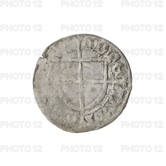 Teutonic szelag, Konrad von Erlichshausen (Grand Master; 1441–1449). Cross with elongated, widening arms (iconographic); Teutonic shield and monastic shield of the Grand Master (iconographic); Teutonic Knights (order). Obverse: monastic shield of the Grand Master with a cross whose elongated, widening arms divide the rim legend and reach the outer rim; rim between pearly borders bears an inscription. Reverse: monastic shield with a cross with elongated arms dividing the rim legend and reaching the outer rim; rim between pearl borders bears an inscription, 1441–1449. Coin of the State of the Teutonic Order (1226–1525), Torun; diameter 20.3 mm; weight 1.67 g; axis 135°.