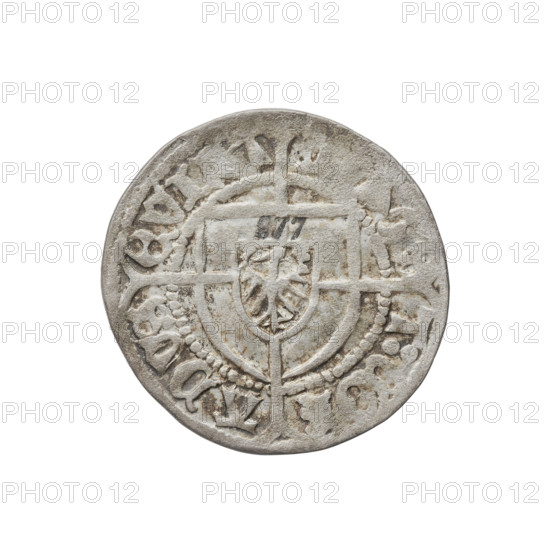 Teutonic szelag, Konrad von Erlichshausen (Grand Master; 1441–1449). Cross with elongated, widening arms (iconographic); Teutonic shield (iconographic); monastic shield of the Grand Master (iconographic); Teutonic Knights (order). Obverse: monastic shield of the Grand Master with a cross whose elongated, widening arms divide the rim legend and reach the outer rim; rim between pearly borders bears inscription. Reverse: monastic shield with a cross with elongated arms dividing the rim legend and reaching the outer rim; rim between pearl borders bears inscription. Date: 1442–1449. Coin from Torun. Diameter 21.5 mm, weight 1.71 g, axis 170°.