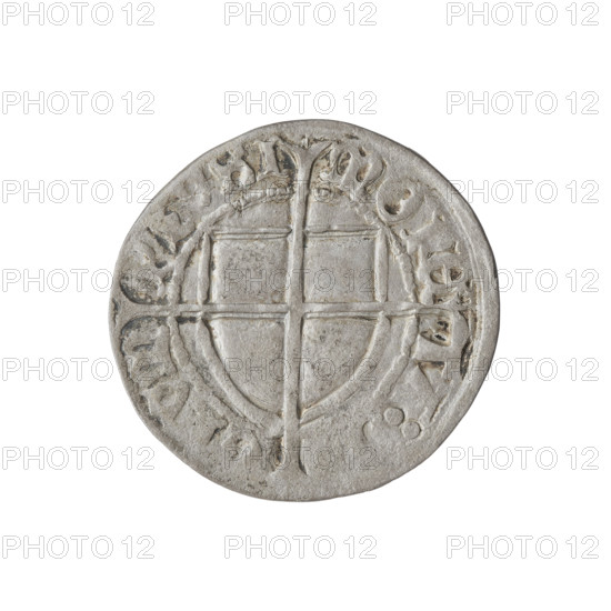 Teutonic szelag, Konrad von Erlichshausen (Grand Master; 1441–1449). Obverse: monastic shield of the Grand Master with a cross whose elongated, widening arms divide the rim legend and reach the outer rim; rim between pearly borders bears inscription. Reverse: monastic shield with a cross with elongated arms dividing the rim legend and reaching the outer rim; rim between pearl borders bears inscription. Date: 1442–1449. State of the Teutonic Order (1226–1525). Torun. Coin, diameter 21.5 mm, weight 1.71 g, axis 170°.