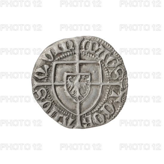 Teutonic szelag, Konrad von Erlichshausen (Grand Master; 1441–1449), cross with elongated arms, Teutonic shield, monastic shield of the Grand Master. Obv. Monastic shield of the Grand Master with a cross whose elongated, widening arms, dividing the rim legend, reach the outer rim. On the rim, between the pearly borders, the inscription. Rev. Monastic shield with a cross with elongated arms, dividing the rim legend and reaching the outer rim. In the rim between the pearl borders there is an inscription. 1442–1449. State of the Teutonic Order (1226–1525), Torun; coin. Diameter 20 mm, weight 1.69 g, axis 240°.