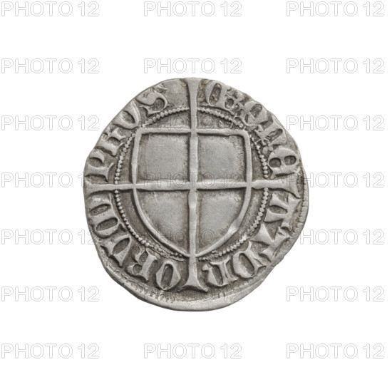 Teutonic szelag, Konrad von Erlichshausen (Grand Master; 1441–1449), cross with elongated arms, Teutonic shield, monastic shield of the Grand Master. Obv.: Monastic shield of the Grand Master with a cross whose elongated, widening arms divide the rim legend and reach the outer rim; on the rim, between the pearly borders, the inscription. Rev.: Monastic shield with a cross with elongated arms dividing the rim legend and reaching the outer rim; in the rim between the pearl borders there is an inscription. 1442–1449. State of the Teutonic Order (1226–1525), Torun. Coin; diameter 20 mm, weight 1.69 g, axis 240°.