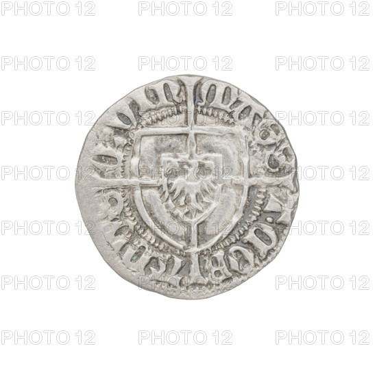 Teutonic szelag, Konrad von Erlichshausen (Grand Master; 1441–1449), cross with elongated arms, Teutonic shield, monastic shield of the Grand Master. Obverse: monastic shield of the Grand Master with a cross whose elongated, widening arms divide the rim legend and reach the outer rim; on the rim, between the pearly borders, an inscription. Reverse: monastic shield with a cross with elongated arms dividing the rim legend and reaching the outer rim; in the rim between the pearl borders there is an inscription. Date: 1442–1449. State of the Teutonic Order (1226–1525), Torun. Coin, diameter 20 mm, weight 1.61 g, axis 240°.