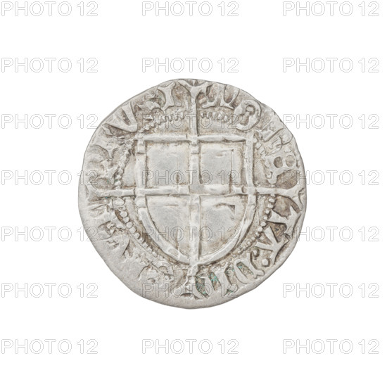 Teutonic szelag, Konrad von Erlichshausen (Grand Master; 1441–1449), cross with elongated arms, Teutonic shield, monastic shield of the Grand Master. Obv. Monastic shield of the Grand Master with a cross whose elongated, widening arms, dividing the rim legend, reach the outer rim. On the rim, between the pearly borders, the inscription. Rev. Monastic shield with a cross with elongated arms, dividing the rim legend and reaching the outer rim. In the rim between the pearl borders there is an inscription. 1442–1449. State of the Teutonic Order (1226–1525), Torun, coin, diameter 20 mm, weight 1.61 g, axis 240°.