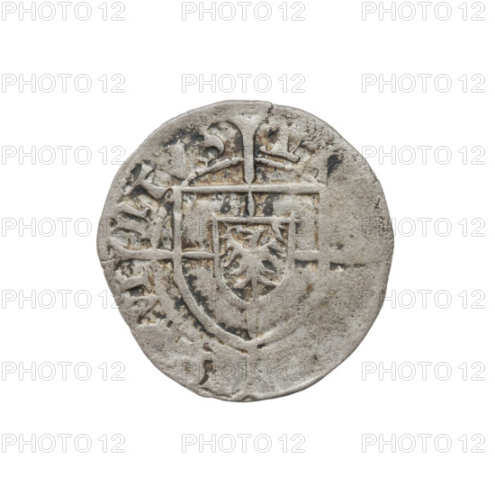 Teutonic szelag, Konrad von Erlichshausen (Grand Master; 1441–1449). Obverse: monastic shield of the Grand Master with a cross whose elongated, widening arms divide the rim legend and reach the outer rim. Rim between pearly borders bears an inscription. Reverse: monastic shield with a cross with elongated arms dividing the rim legend and reaching the outer rim. Rim between the pearly borders bears the inscription '1442–1449'. Teutonic Knights (Order), State of the Teutonic Order (1226–1525), Torun; coin, diameter 20.5 mm, weight 1.51 g, axis 330°.