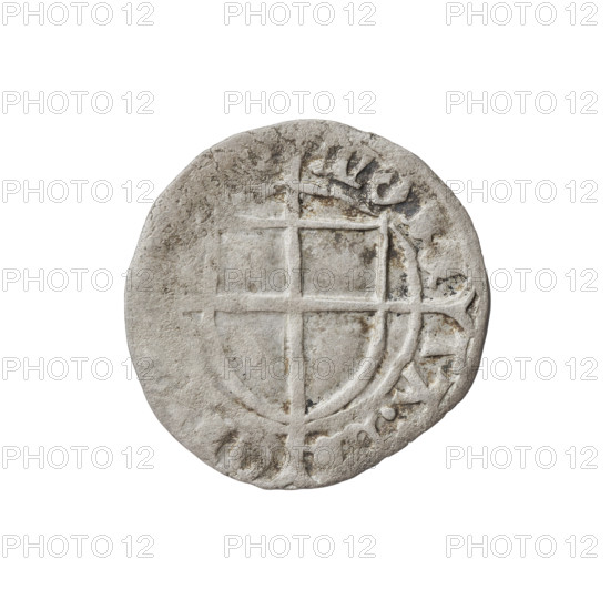 Teutonic szelag, Konrad von Erlichshausen (Grand Master; 1441–1449). Obverse: monastic shield of the Grand Master with a cross whose elongated, widening arms divide the rim legend and reach the outer rim; rim between pearly borders bears inscription. Reverse: monastic shield with a cross with elongated arms dividing the rim legend and reaching the outer rim; rim between pearly borders bears inscription. Date: 1442–1449. Issuer: State of the Teutonic Order (1226–1525), Torun. Coin type: szelag; diameter 20.5 mm; weight 1.51 g; axis 330°.