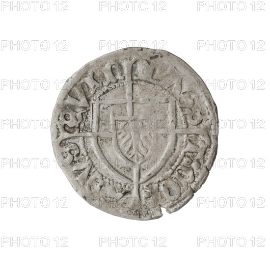 Teutonic szelag, Konrad von Erlichshausen (Grand Master; 1441–1449). Obverse: monastic shield of the Grand Master with a cross whose elongated, widening arms divide the rim legend and reach the outer rim; in the rim, between the pearly borders, the inscription. Reverse: Teutonic shield with a cross with elongated arms dividing the rim legend and reaching the outer border; in the rim, between the pearly borders, the inscription. Date: 1442–1449. State of the Teutonic Order (1226–1525), Torun. Coin, diameter 21.5 mm, weight 1.67 g, axis 270°.