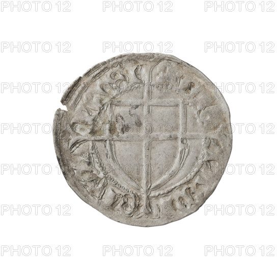 Teutonic szelag, Konrad von Erlichshausen (Grand Master; 1441–1449). Obverse: monastic shield of the Grand Master with a cross whose elongated, widening arms divide the rim legend and reach the outer rim; in the rim, between the pearly borders, an inscription. Reverse: Teutonic shield with a cross with elongated arms dividing the rim legend and reaching the outer border; in the rim, between the pearly borders, an inscription. Date: 1442–1449. State of the Teutonic Order (1226–1525), Torun. Coin; diameter 21.5 mm; weight 1.67 g; axis 270°. AR mark (on the obverse).