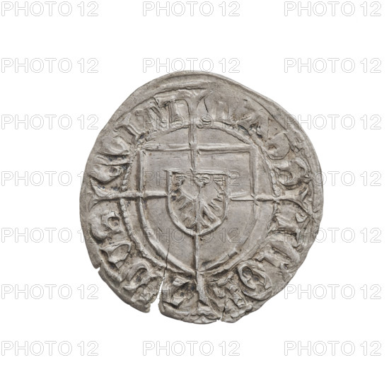 Teutonic szelag, Konrad von Erlichshausen (Grand Master; 1441–1449). Obverse: monastic shield of the Grand Master with a cross whose elongated, widening arms divide the rim legend and reach the outer rim; rim between pearly borders bears inscription. Reverse: monastic shield with a cross with elongated arms dividing the rim legend and reaching the outer rim; rim between pearl borders bears inscription. Date inscribed: 1442–1449. State of the Teutonic Order (1226–1525), Torun. Coin, diameter 22.1 mm, weight 1.73 g, axis 315°.