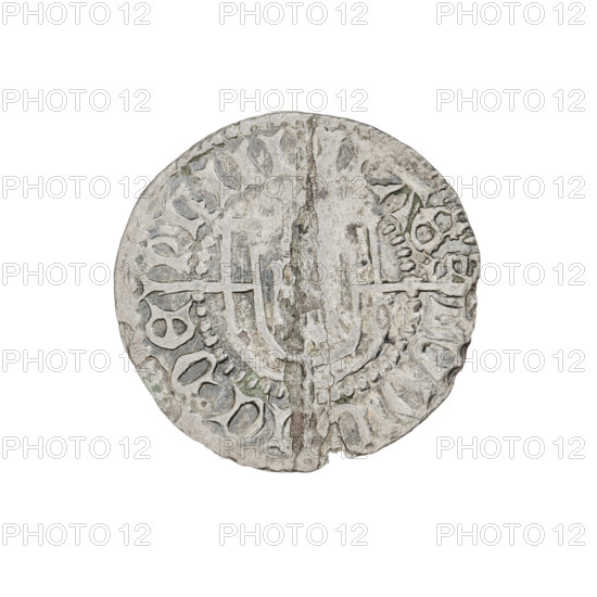 Teutonic szelag, Ludwik von Erlichshausen (Grand Master; 1450–1467). Obverse: monastic shield of the Grand Master with a cross whose elongated, widening arms divide the rim legend and reach the outer rim; on the rim, between the pearly borders, the inscription. Reverse: monastic shield with a cross with elongated arms dividing the rim legend and reaching the outer rim; in the rim between the pearl borders there is an inscription. Date: 1450–1453. State of the Teutonic Order (1226–1525), Torun. Coin: diameter 20.6 mm, weight 1.28 g, axis 330°.